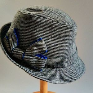 World Market Stripped Grey With Blue trimmed Ribbon Hat